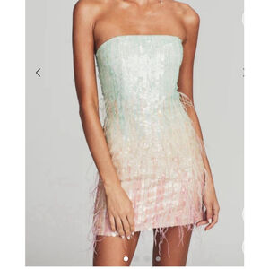 Women's Retrofête S Mint Green Pink Ombre Sequin Feather Strapless Mini Dress